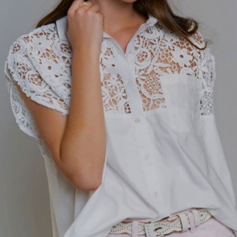 Pol Upper Lace Detailed White Blouse. Nwot. Sz S